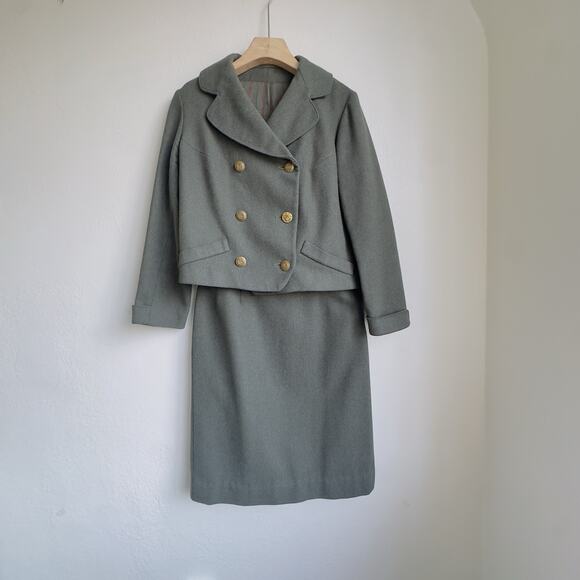 Bullocks Los Angeles Wool Suit SZ S Olive Green Military Nautical Crest Button - Picture 2 of 16